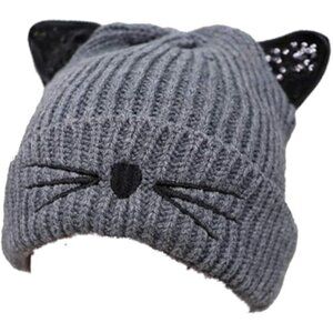 Knit Cat Ear Beanie Hat With Faux Fur Lining